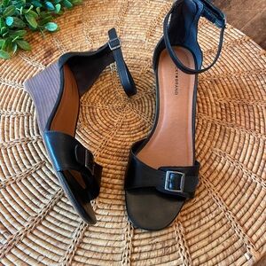 Lucky Brand Black Leather Wedge Sandals with Ankle Strap